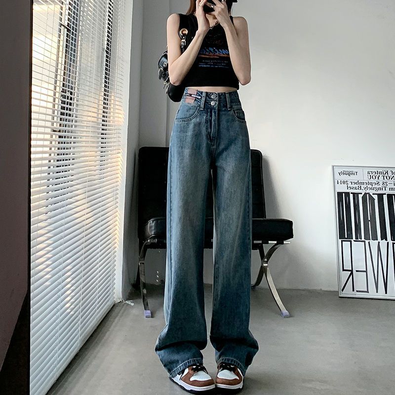 設計感牛仔褲女秋2023年新款顯瘦高腰寬鬆垂感拖地小個子直筒褲子