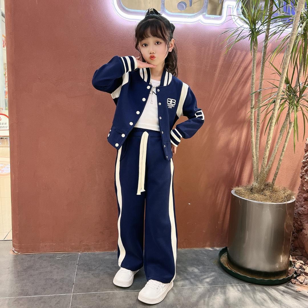 Girls' baseball uniform wide-leg pants spring and autumn suit Western style 2023 new medium and large children's Korean cardigan sports two-piece set