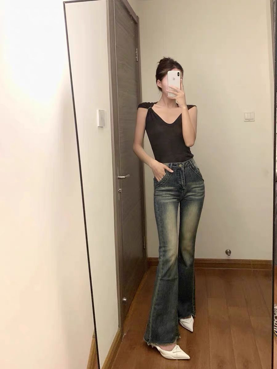 美式復古喇叭牛仔褲女新款高腰彈力修身顯瘦設計感拖地毛邊馬蹄褲