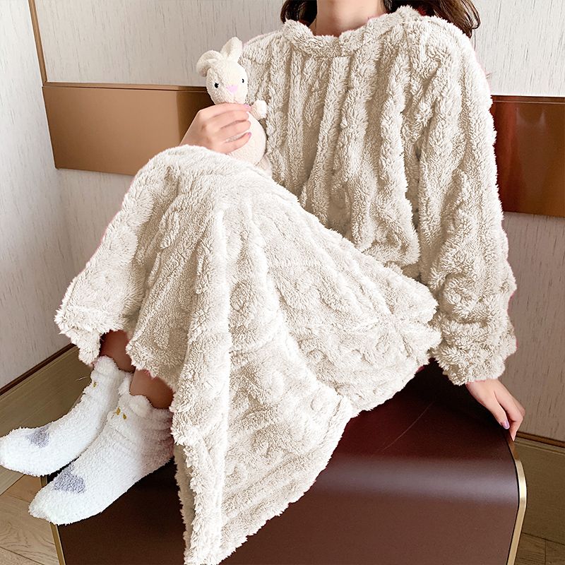珊瑚絨睡裙女秋冬季款家居服法蘭絨加絨加厚保暖大碼寬鬆睡衣裙子