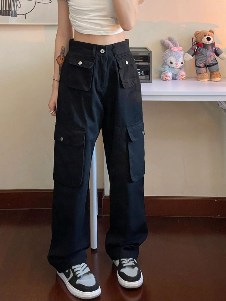 American retro hiphop overalls for women in autumn new high-waisted loose wide-legged slim straight casual pants trendy