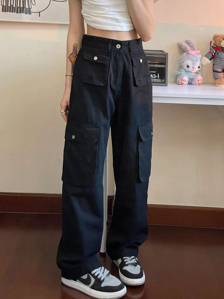 American retro hiphop overalls for women in autumn new high-waisted loose wide-legged slim straight casual pants trendy