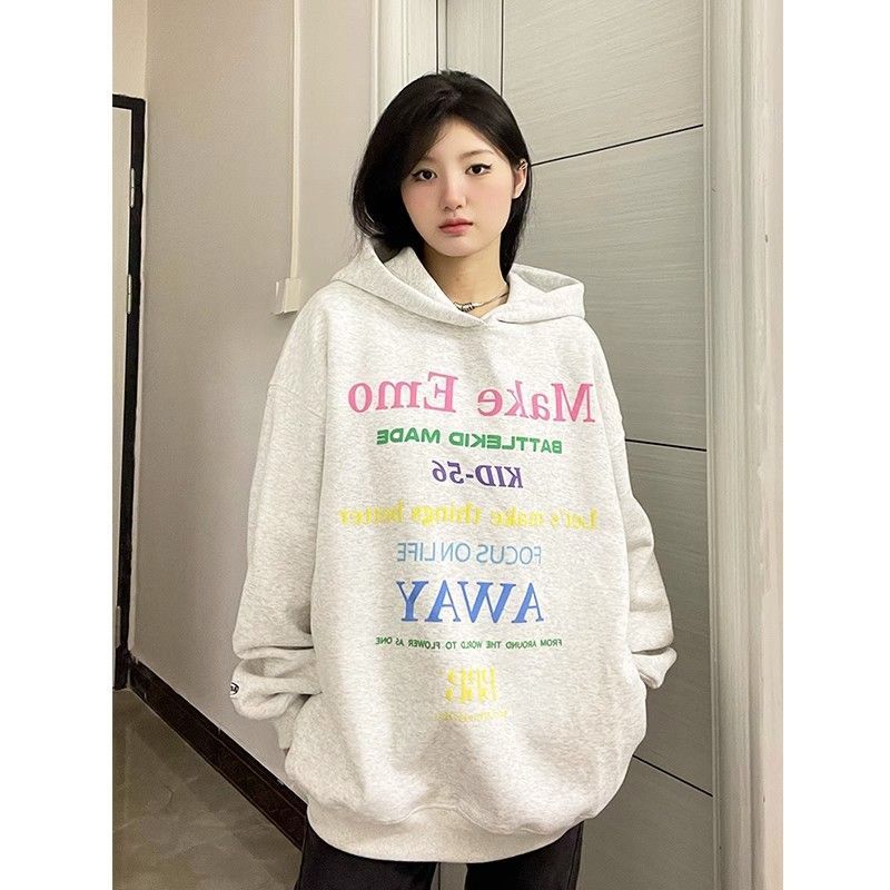 National trend brand American retro letter printed hooded sweatshirt for women autumn and winter new heavyweight pure cotton plus velvet thickened jacket
