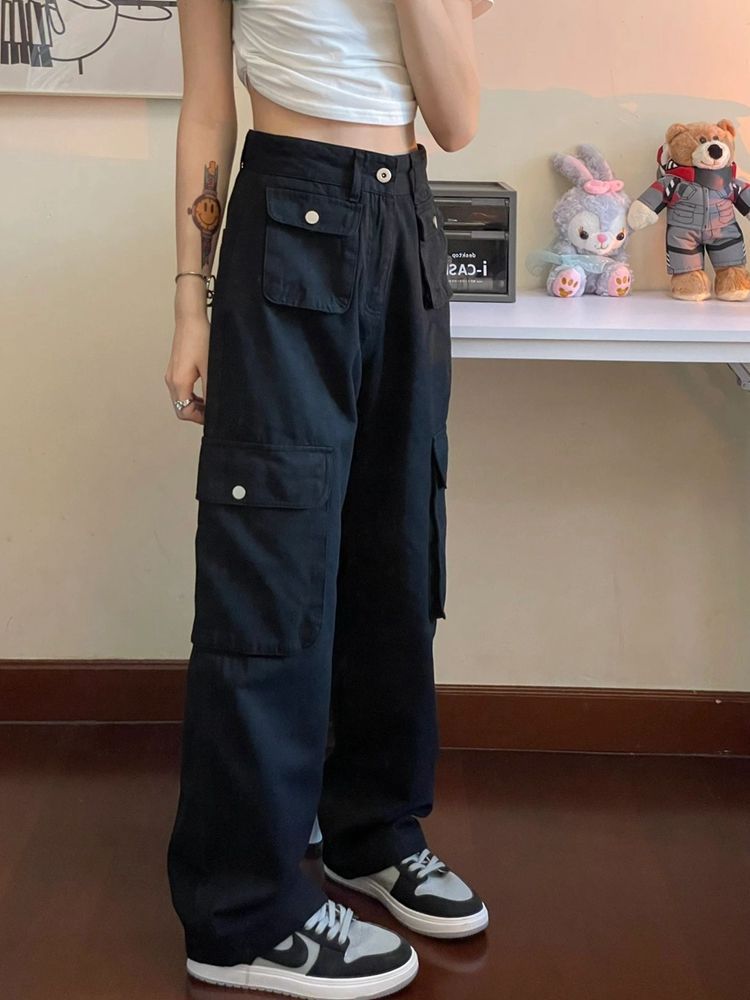 American retro hiphop overalls for women in autumn new high-waisted loose wide-legged slim straight casual pants trendy