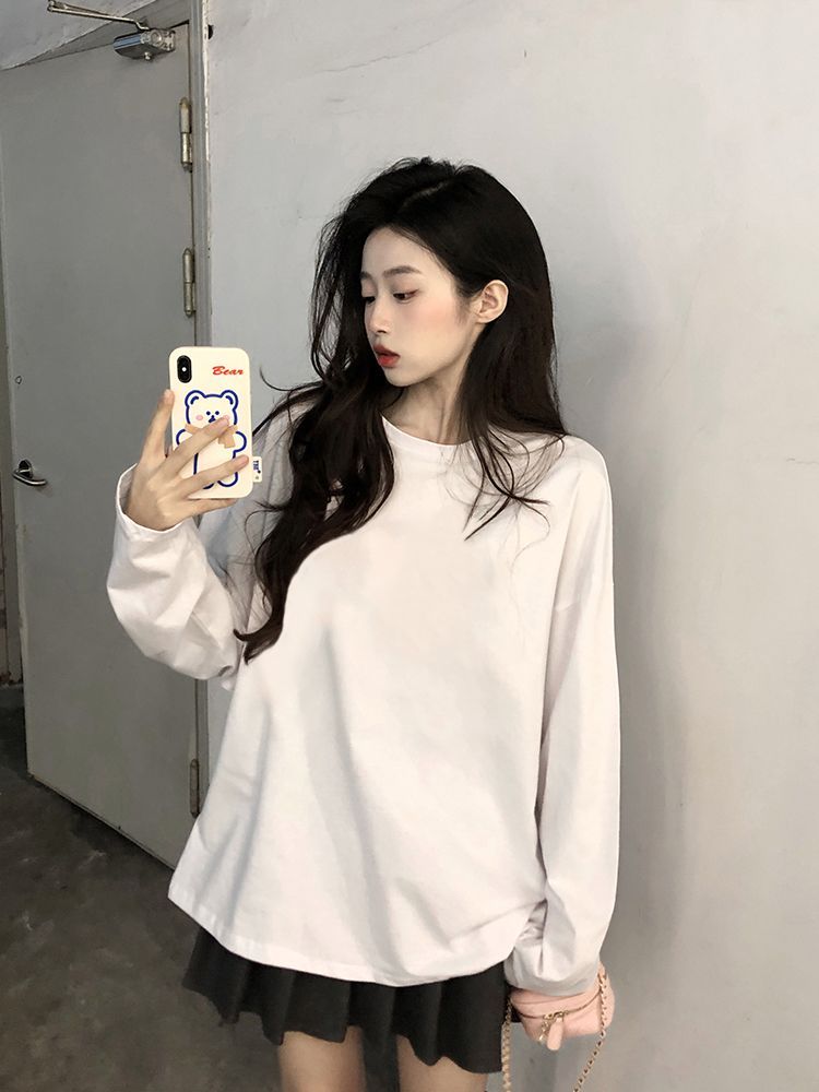 100%純棉長袖t恤女秋季2023新款韓版寬鬆百搭白色打底衫上衣ins潮
