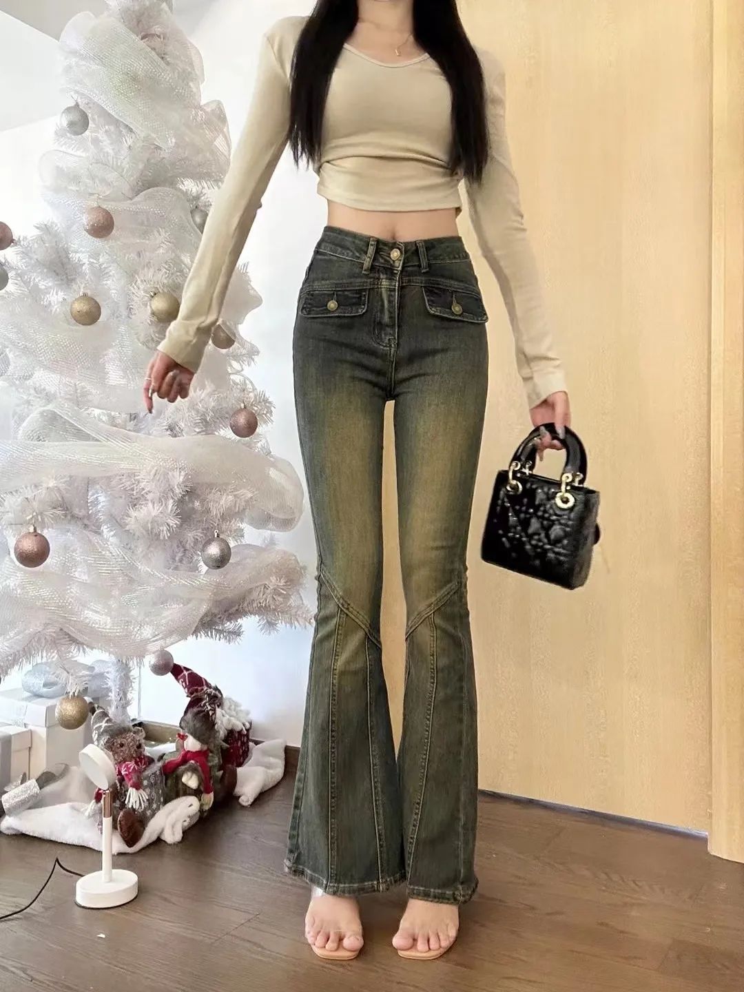 復古牛仔褲女2023年秋季新款高腰彈力網紅辣妹顯瘦喇叭褲微喇長褲