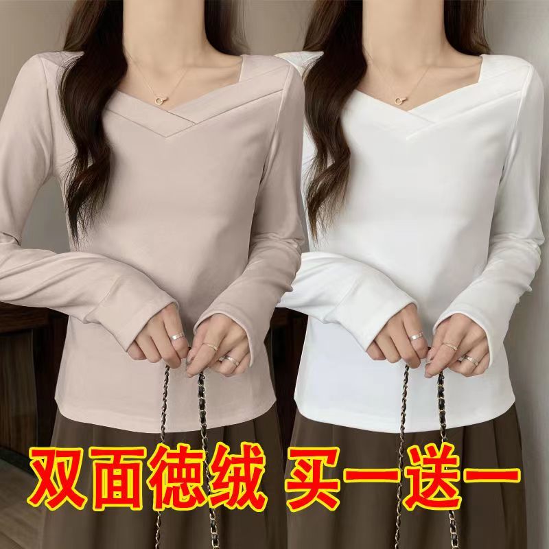 單/兩件設計感不規則方領德絨打底衫女春秋新款修身T恤內搭上衣服