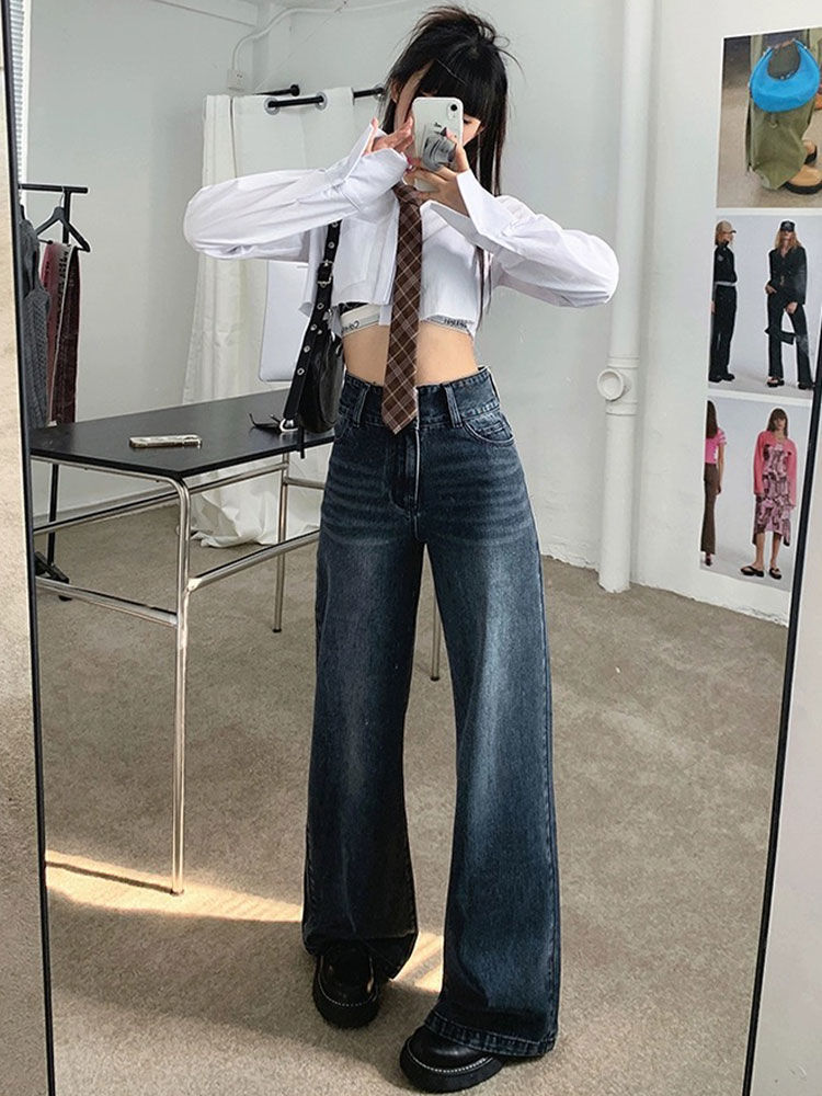復古藍色寬鬆闊腿牛仔褲女2023秋季高腰垂感直筒休閒百搭拖地長褲