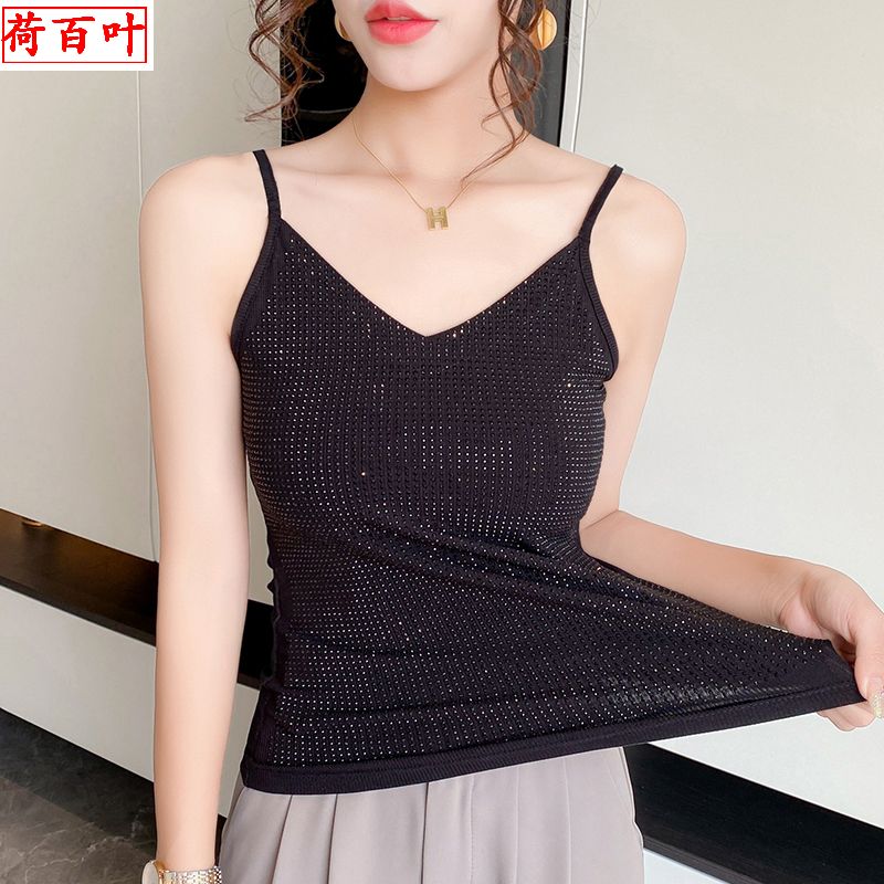 黑色V領吊帶背心女內穿職業裝西服內搭燙鑽無袖打底上衣外穿螺紋