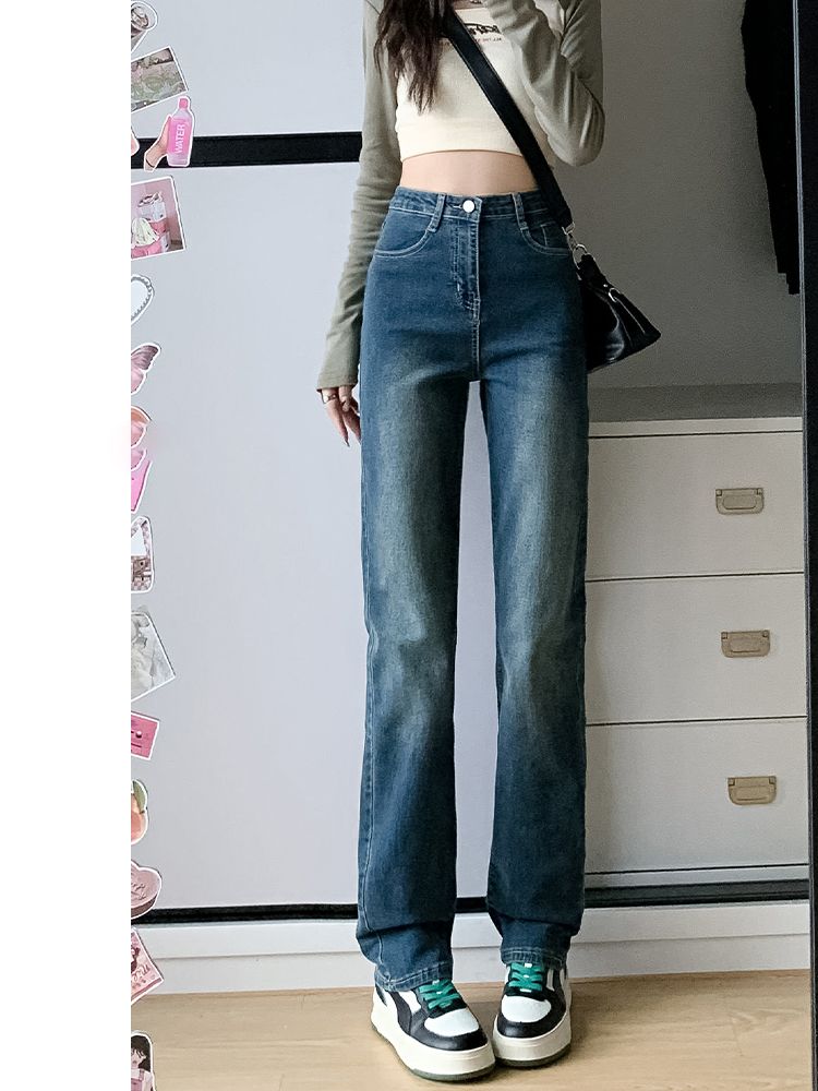YSYOURS直筒牛仔褲女春秋復古窄版闊腿高腰顯瘦大碼煙管褲子ins潮