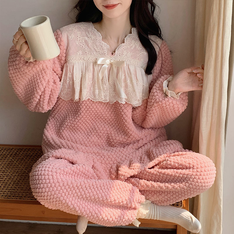 冬季珊瑚絨睡衣女款甜美花邊公主風加厚加絨套裝保暖法蘭絨家居服