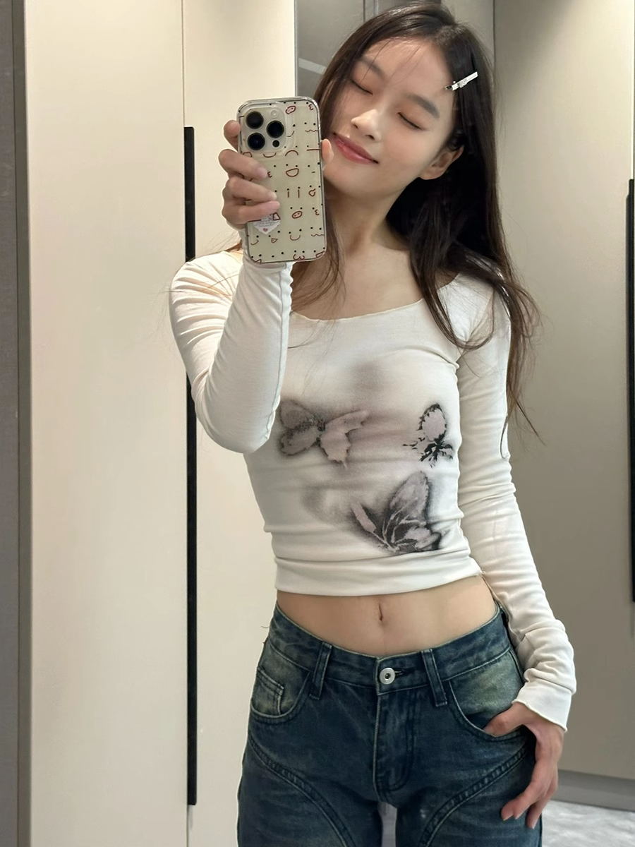 美式辣妹蝴蝶扎染長袖T恤女夏季小眾洋氣薄款修身圓領上衣打底衫