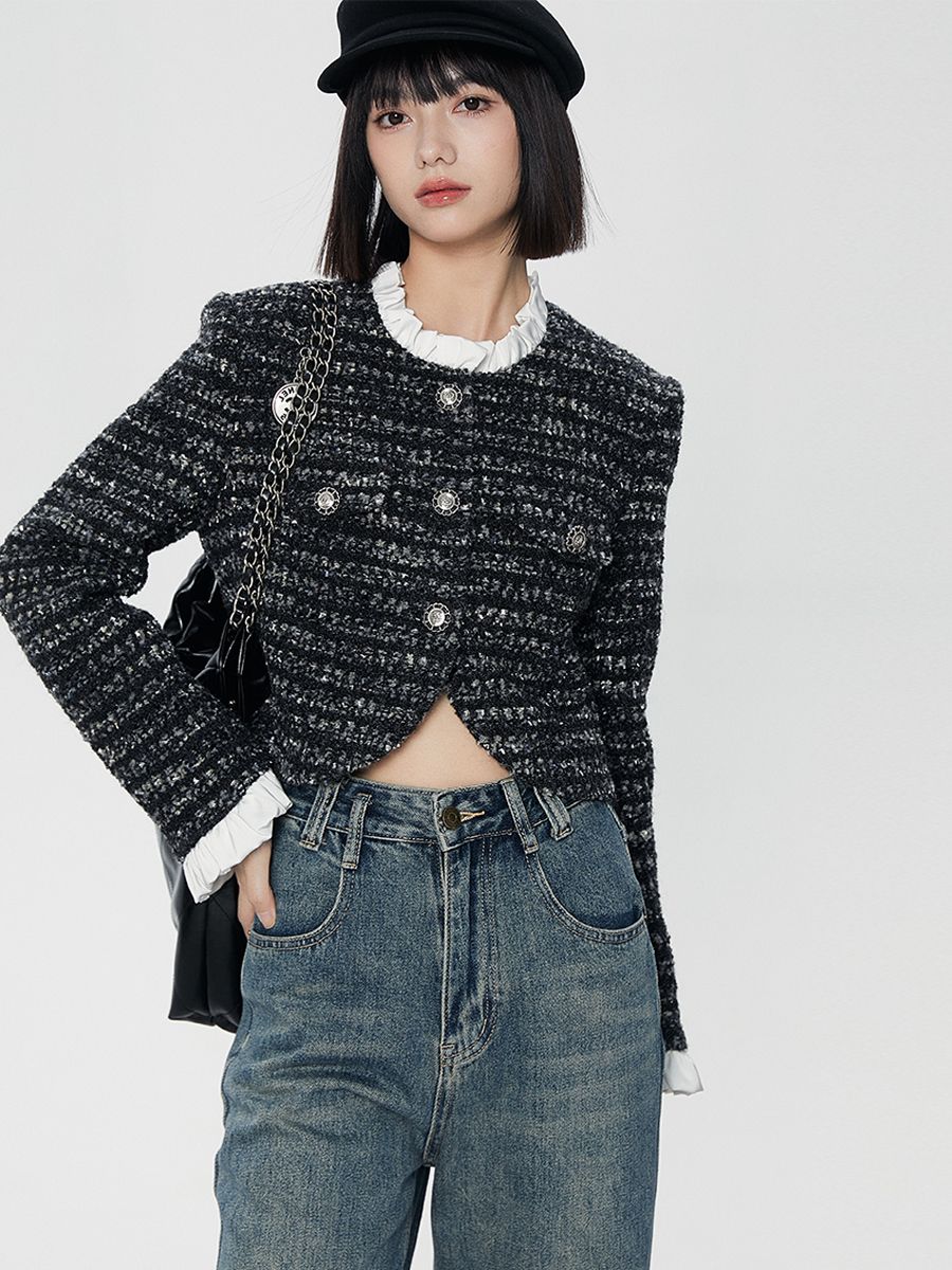 Black Slim Fit 2023 Autumn and Winter Lace Sheep Xiaoxiang Style Jacket Slim Fit Niche Design for Outerwear