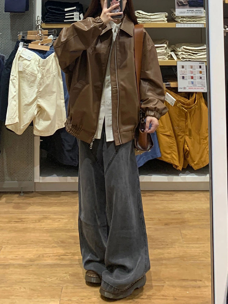 黑灰色闊腿牛仔褲女秋季新款高腰寬鬆遮肉顯瘦百搭直筒拖地褲子潮
