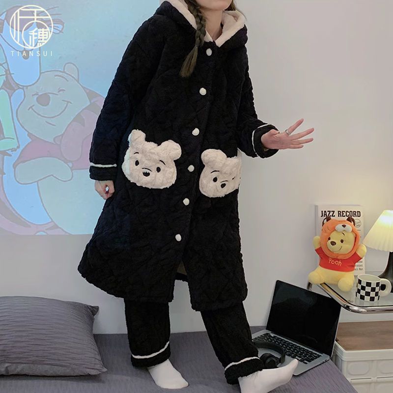 珊瑚絨三層夾棉睡衣女2023冬季加絨加厚連帽睡袍長款法蘭絨家居服