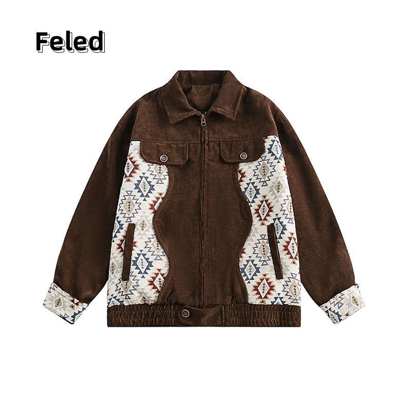 Feila Denton ethnic style retro loose couple jacket men and women lazy style stitching baseball collar American jacket