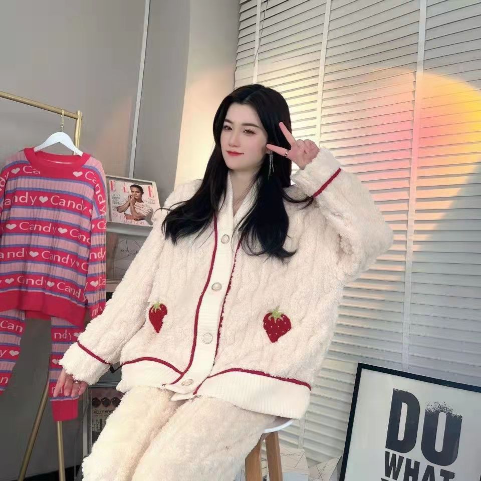 珊瑚絨睡衣女秋冬季加厚款加絨公主風蓄熱家居服網紅開衫套裝外穿
