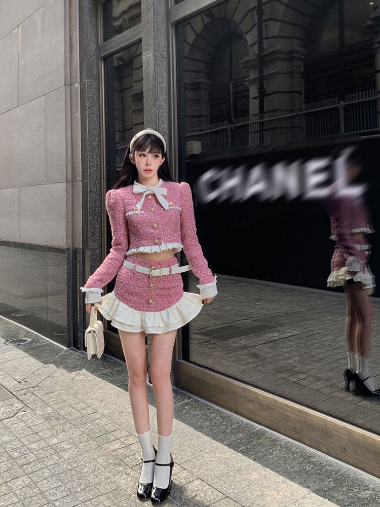 甜美小香風套裝女2023年早秋小個子活潑減齡蝴蝶結外套花苞半身裙