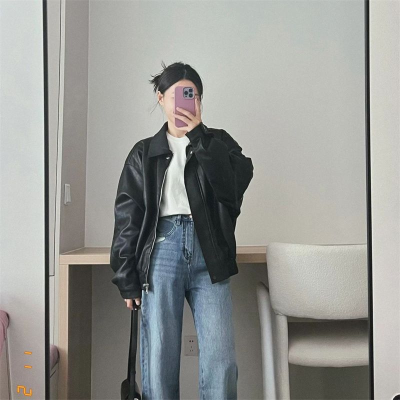 Black jacket for women new style ins American trend slim design handsome street motorcycle suit leather jacket for women