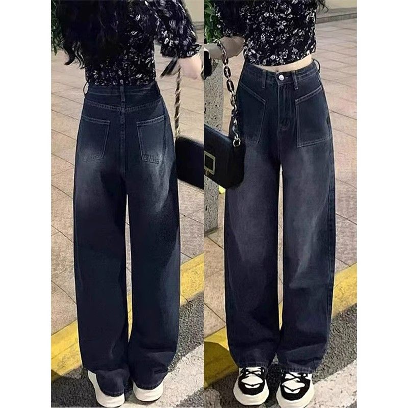 復古高腰直筒牛仔褲女秋冬梨型身材大碼胖妹妹顯瘦寬鬆直筒闊腿褲