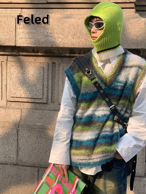 飛拉丹頓早秋美式復古混色扎染漸變條紋針織馬甲慵懶寬鬆無袖毛衣