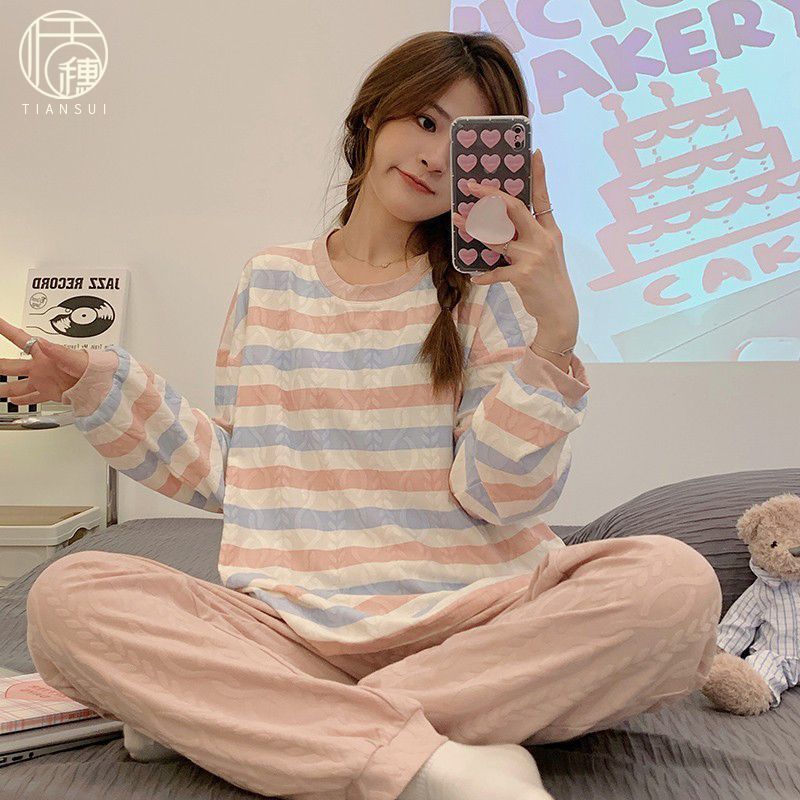 睡衣女款春秋冬季2023年新款長袖純棉條紋甜美簡約小個子家居服爆