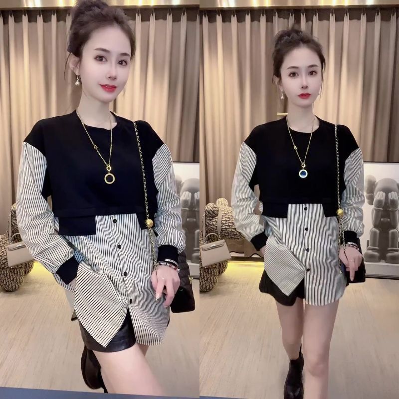 Spring and Autumn High-end Shirts, Bottoming Shirts, Women's Trendy Outerwear Splicing Shirts, Fake Two-Piece Exquisite Maillard Small Tops