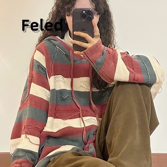 飛拉丹頓早秋美式復古寬鬆小眾破爛設計連帽套頭針織衫男女潮上衣