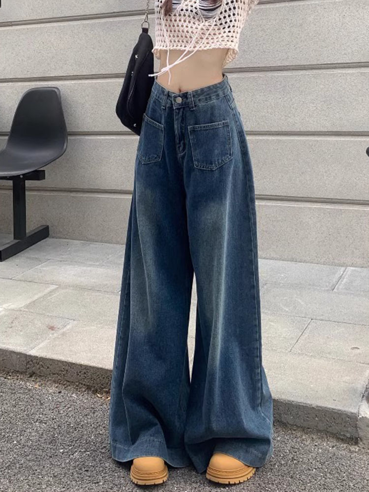 美式復古大闊腿牛仔褲女秋季新款高腰寬鬆顯瘦百搭直筒拖地褲子潮