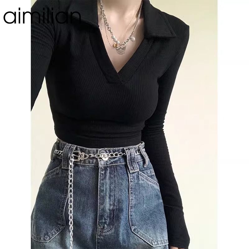 aimilian黑色正肩polo衫長袖t恤女春秋修身顯瘦甜辣妹V領短款上衣