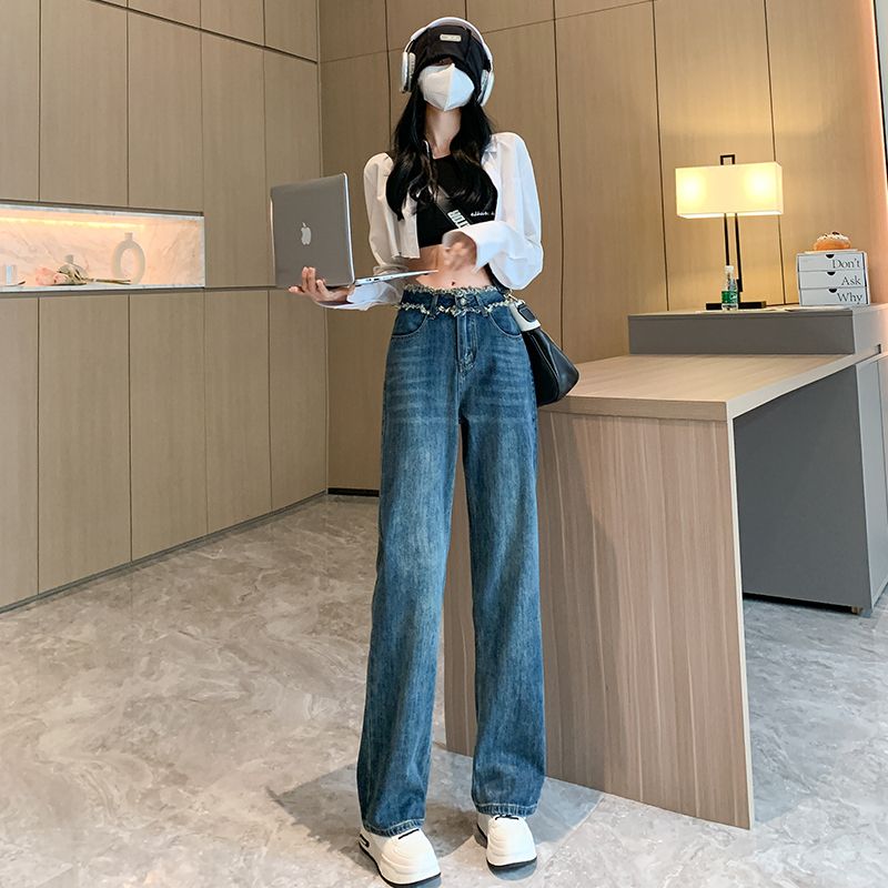 直筒牛仔褲女新款秋季高腰頭毛邊設計休閒復古顯瘦闊腿拖地褲子潮