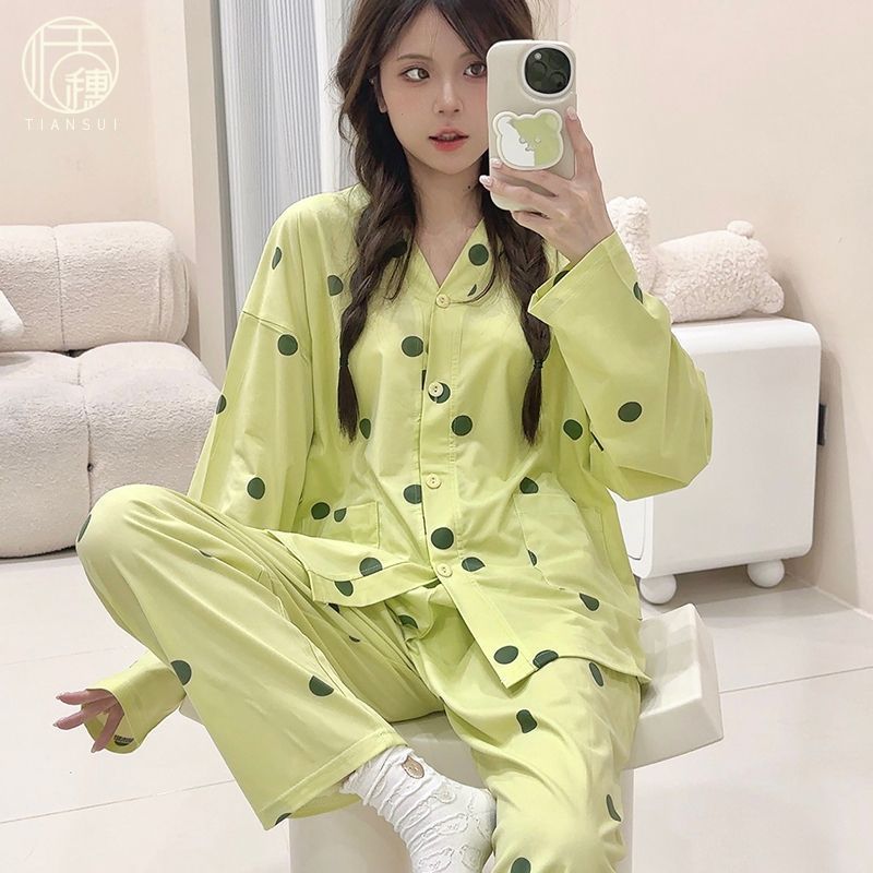睡衣女春秋休閒長袖長褲圓點圖案寬鬆睡衣套裝家居服兩件套可外穿