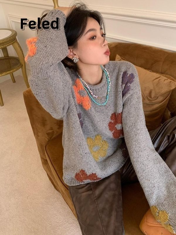 飛拉丹頓彩色花朵毛衣外套男女23早秋新款慵懶風套頭針織衫上衣