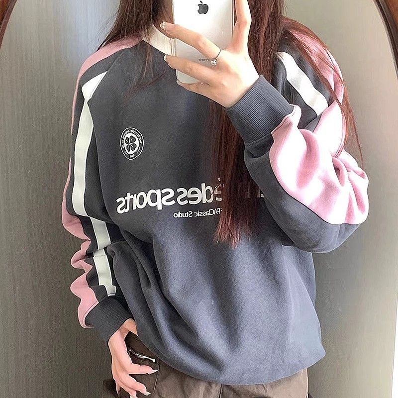 國潮牌美式復古長袖圓領衛衣女薄款寬鬆春秋季2023年新款無帽上衣