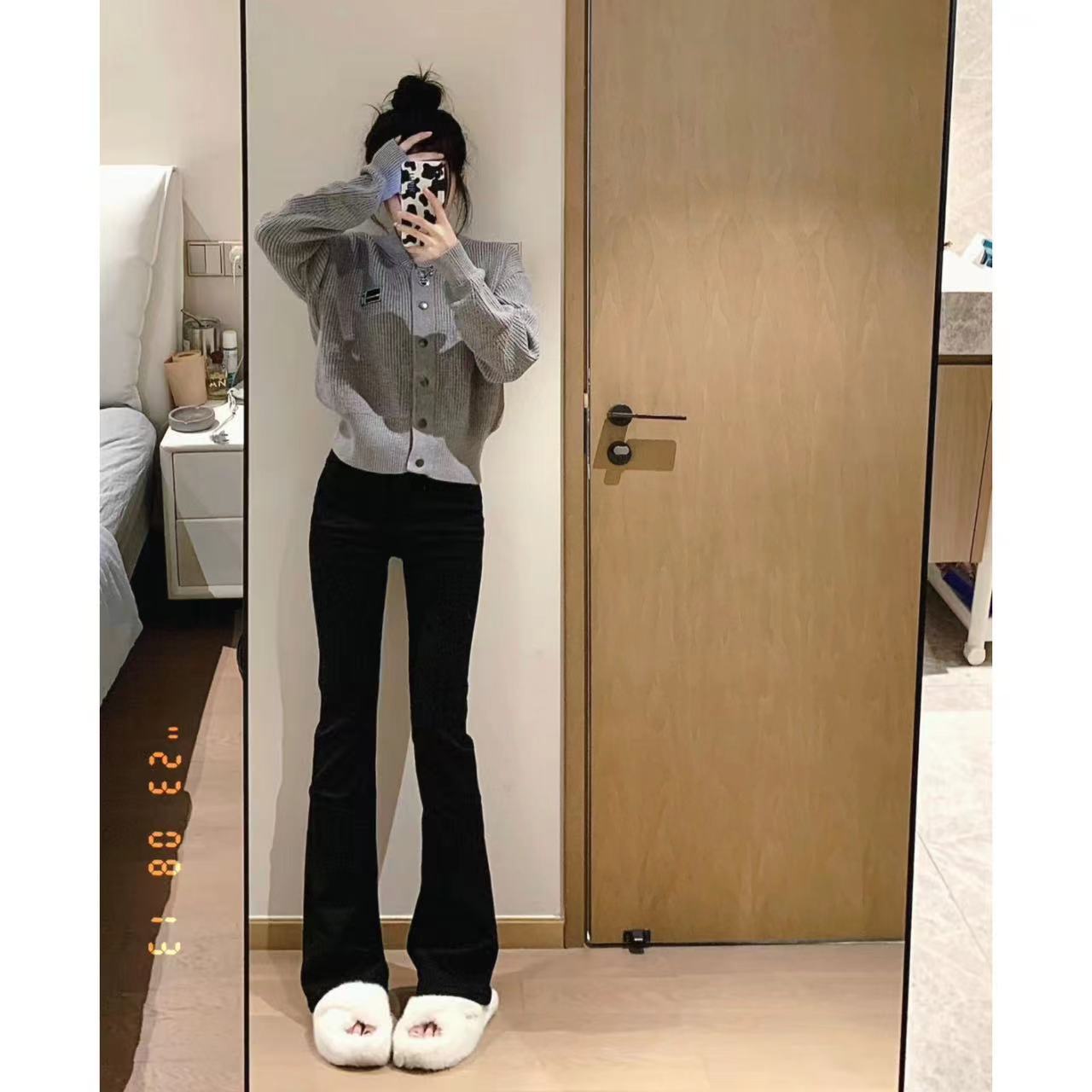 秋冬季黑色微喇叭牛仔褲女拖地長褲百搭馬蹄美式水洗彈力簡約高腰