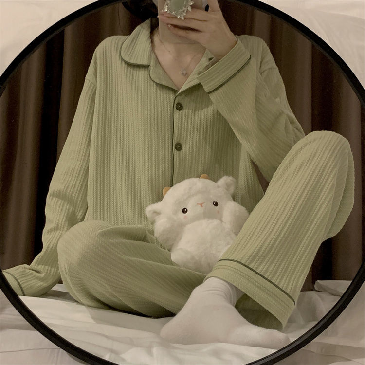 睡衣女春秋季純棉長袖寬鬆高級感套裝開衫翻領可外穿家居服秋冬款
