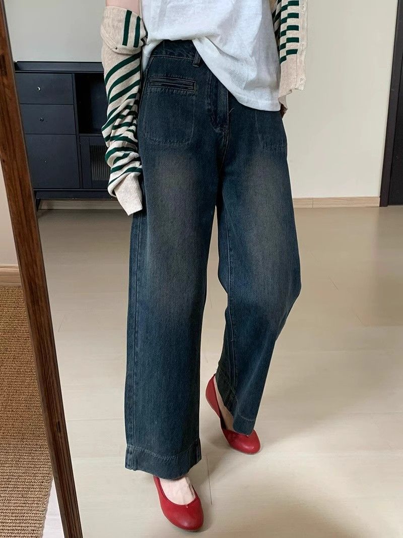 休閒早秋法式水泥灰牛仔褲2023新款薄款韓版女裝高腰顯瘦直筒長褲