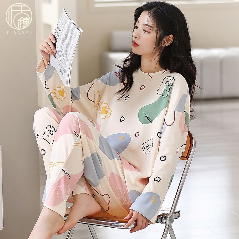 帶胸墊春秋季長袖睡衣女薄款夏季大碼圓領可愛少女秋天家居服套裝
