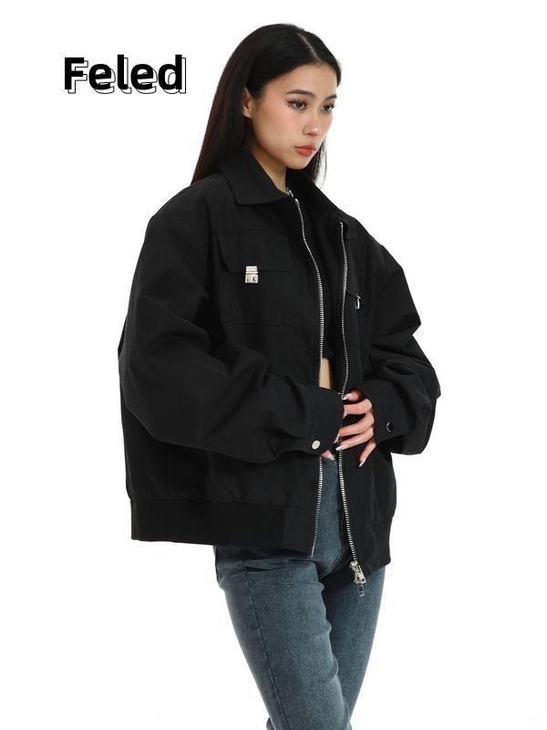 Feila Denton American retro Hong Kong style jacket for men and women hiphop design metal buckle high street jacket top