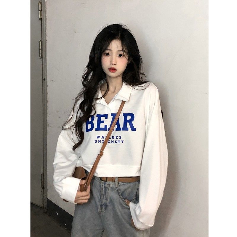 美式印花polo衫春秋季衛衣短款長袖上衣女v領薄款學生韓版寬鬆ins