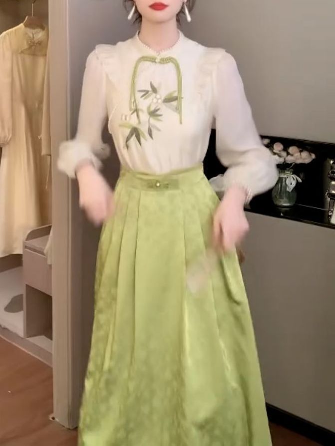 新中式時尚國風溫柔彩繡氣質襯衫+超仙高腰半裙套裝2023秋季新款
