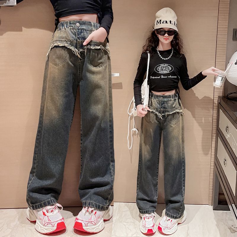 女童褲子春秋裝洋氣炸街兒童中大童外穿長褲直筒牛仔褲秋款闊腿褲