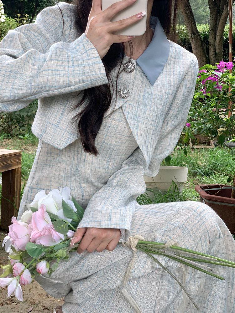 小香風名媛高級感女裝洋氣拼色打攬吊帶裙配坎肩外套兩件套裝裙子