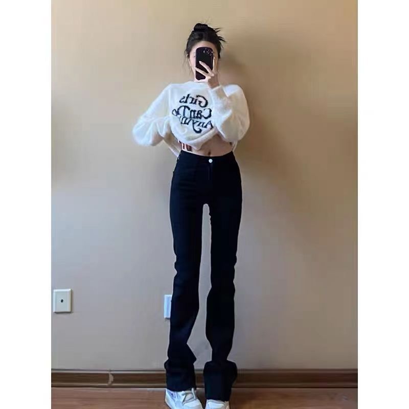黑色直筒牛仔褲女2023年新款秋冬高腰修身顯瘦彈力窄版闊腿拖地褲