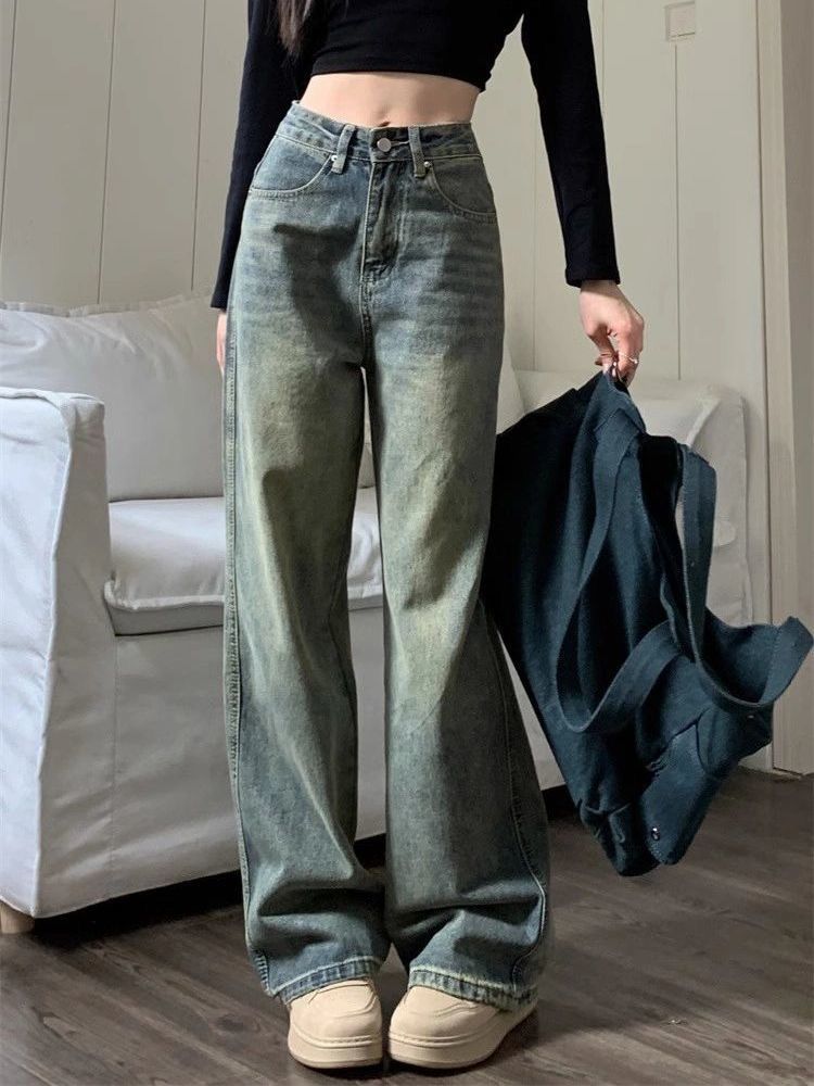 小眾高腰直筒牛仔褲女2023秋季新款寬鬆顯瘦垂感復古藍闊腿拖地褲