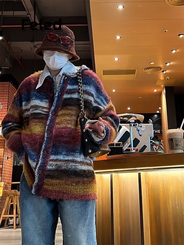 飛拉丹頓秋季彩條紋撞色針織衫寬鬆休閒上衣男女慵懶風開衫毛衣