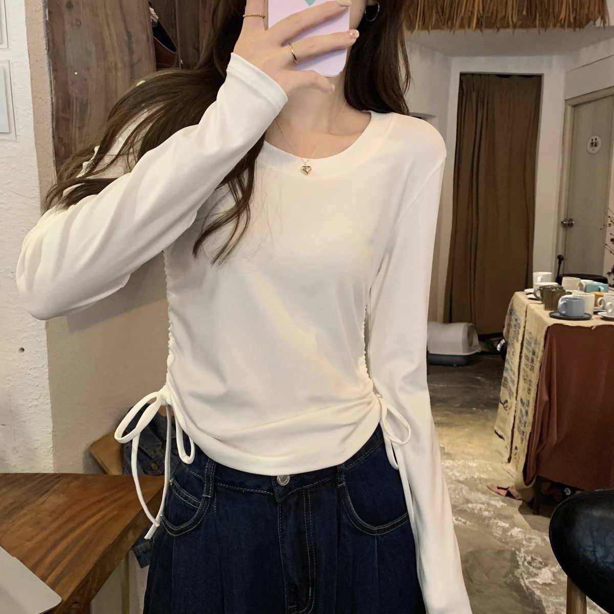 早秋ins潮韓版修身抽繩t恤女設計感百搭打底長袖內搭甜美氣質上衣