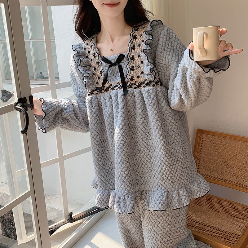珊瑚絨睡衣女冬季加厚加絨長袖花邊少女公主風法蘭絨冬家居服套裝