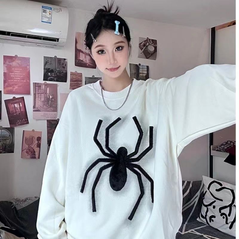 蜘蛛印花套頭美式復古衛衣女早秋冬季國潮牌寬鬆加絨加厚外套上衣