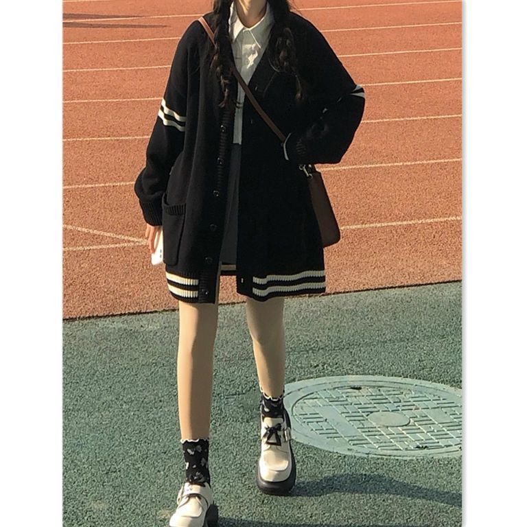 【三件套裝】毛衣外套開衫女日系寬鬆學院風針織長袖襯衫百褶裙子